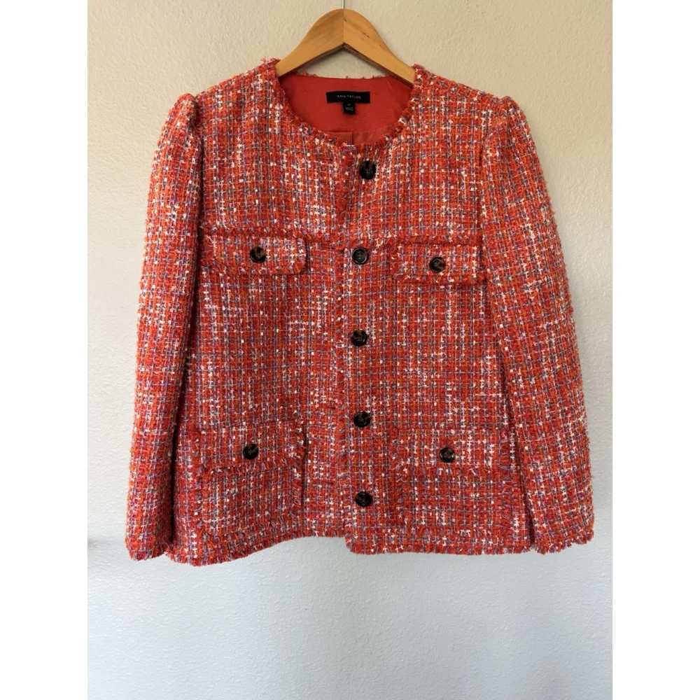 Ann Taylor Tweed Jacket 12Tall Fringe Edge Orange Spark Lined Decorative Buttons - Picture 4 of 11
